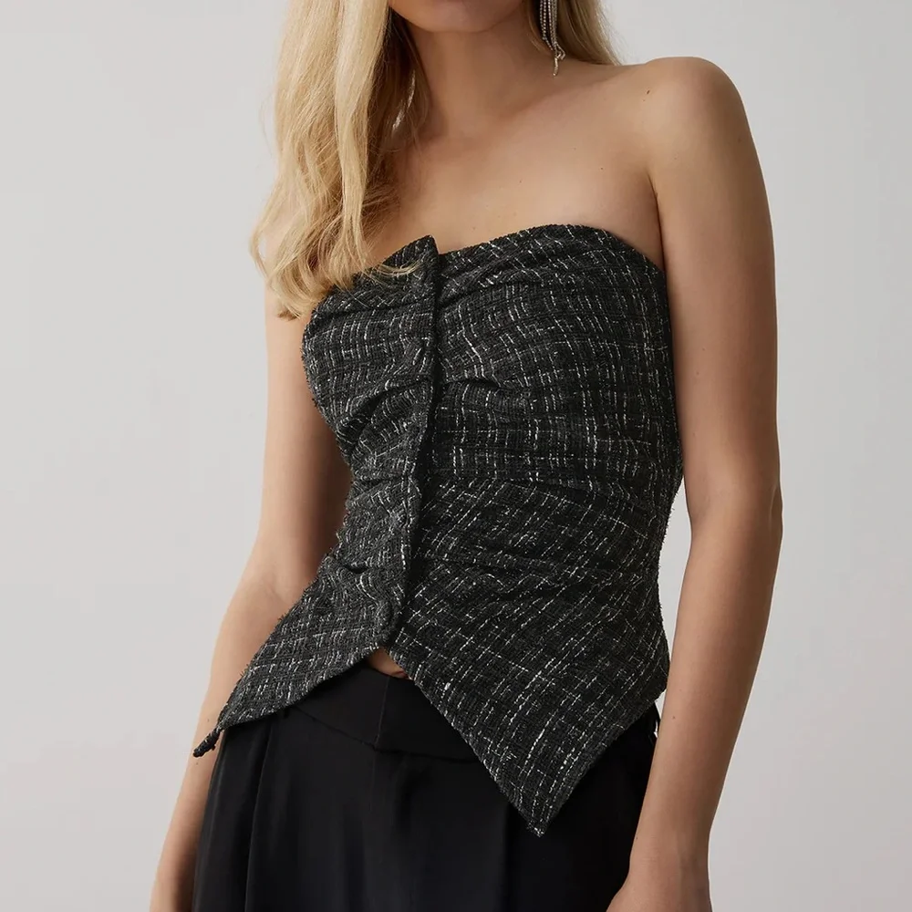 Commense Tweed Button Ruched Tube Top - Picture 3 of 6